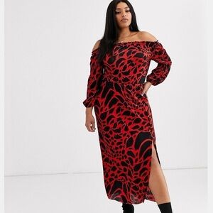 Asos Design 16 plus curve long sleeve leopard print red black plisse dress midi